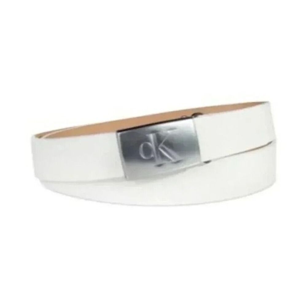 Calvin Klein Women's Ck Plaque Logo Buckle Tension Belt, White, Large